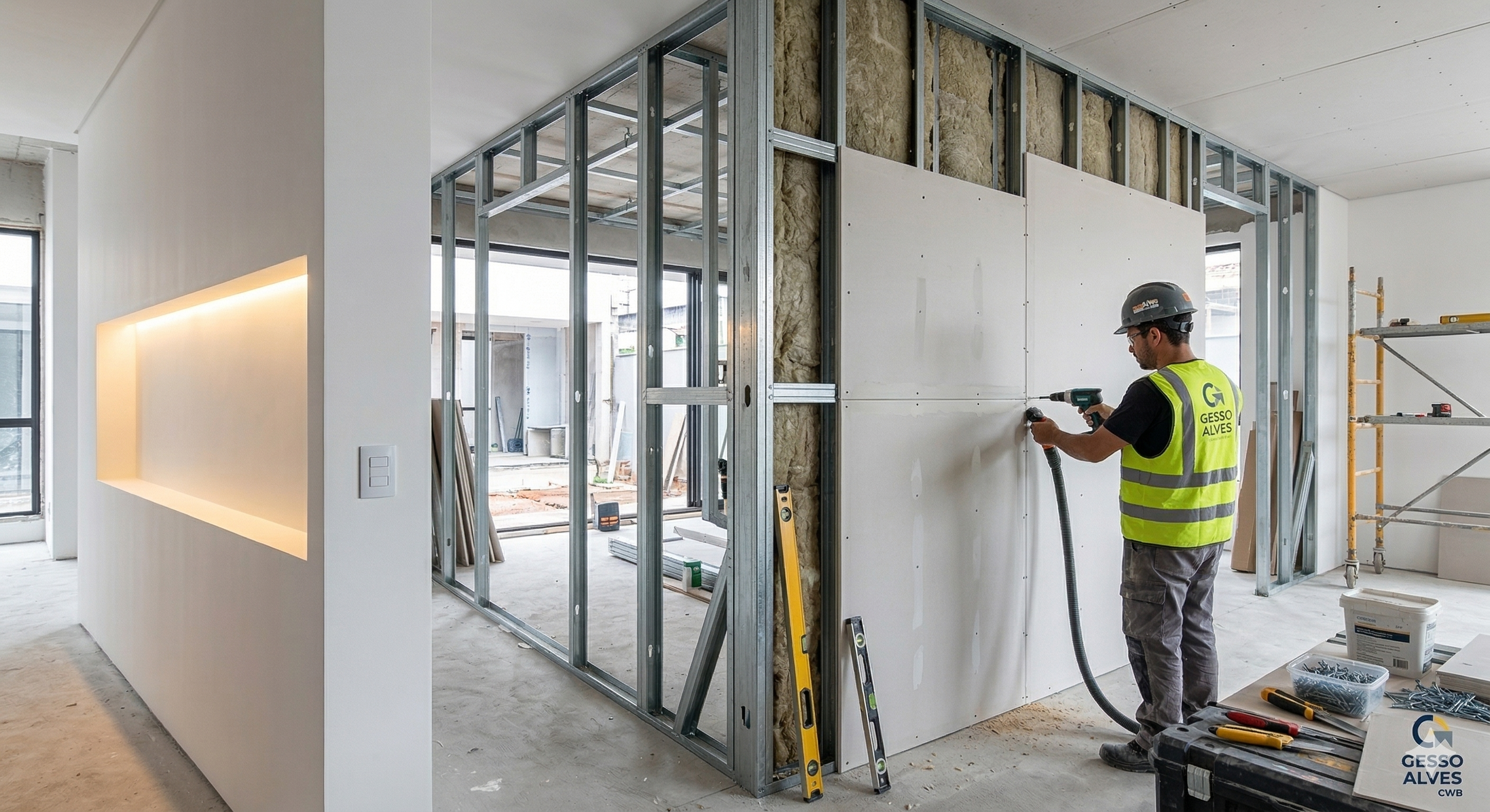 Instalação de parede drywall em apartamento moderno sem quebra-quebra