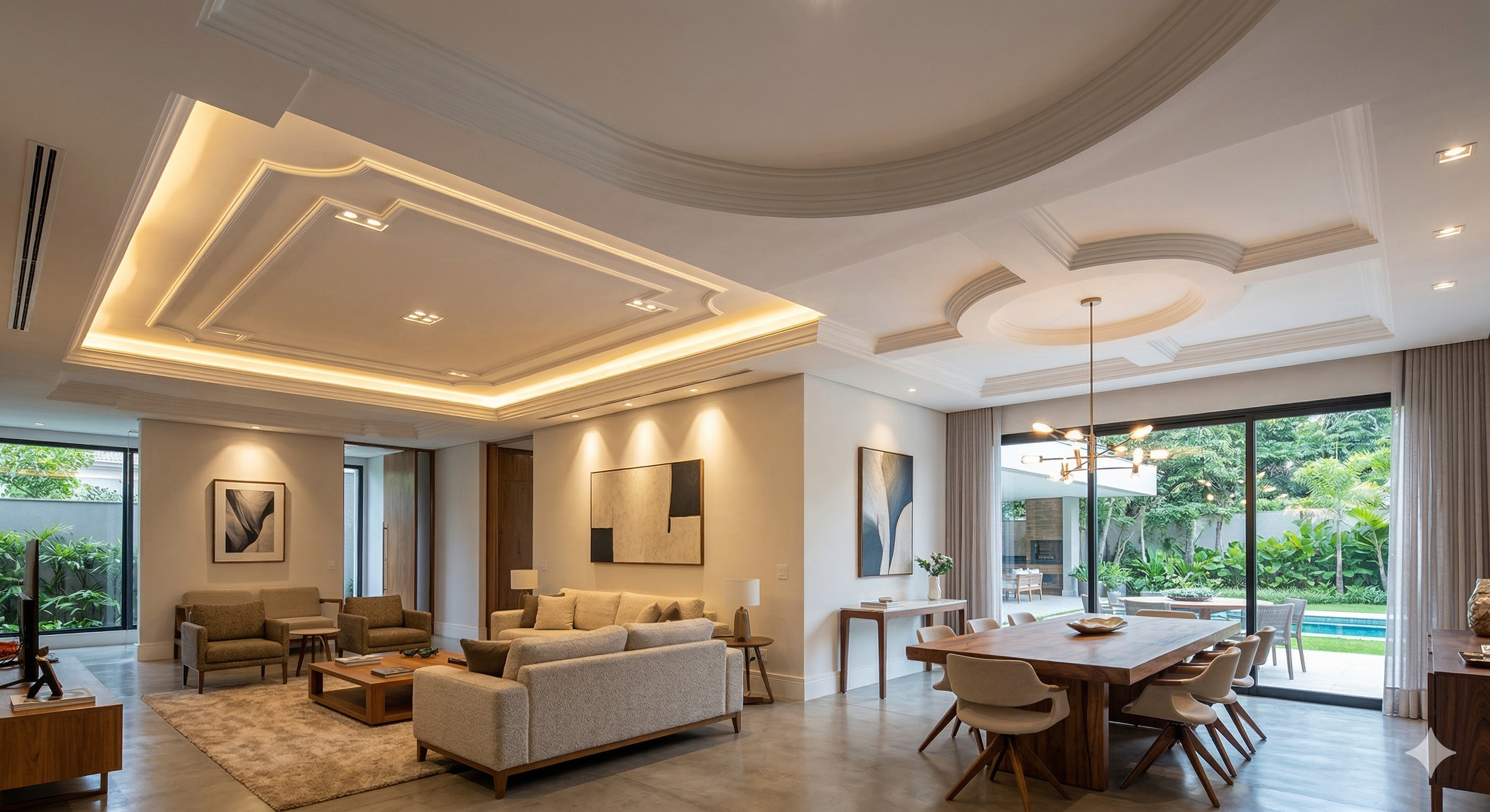 Forro de gesso com sanca e iluminação LED indireta em sala de estar moderna